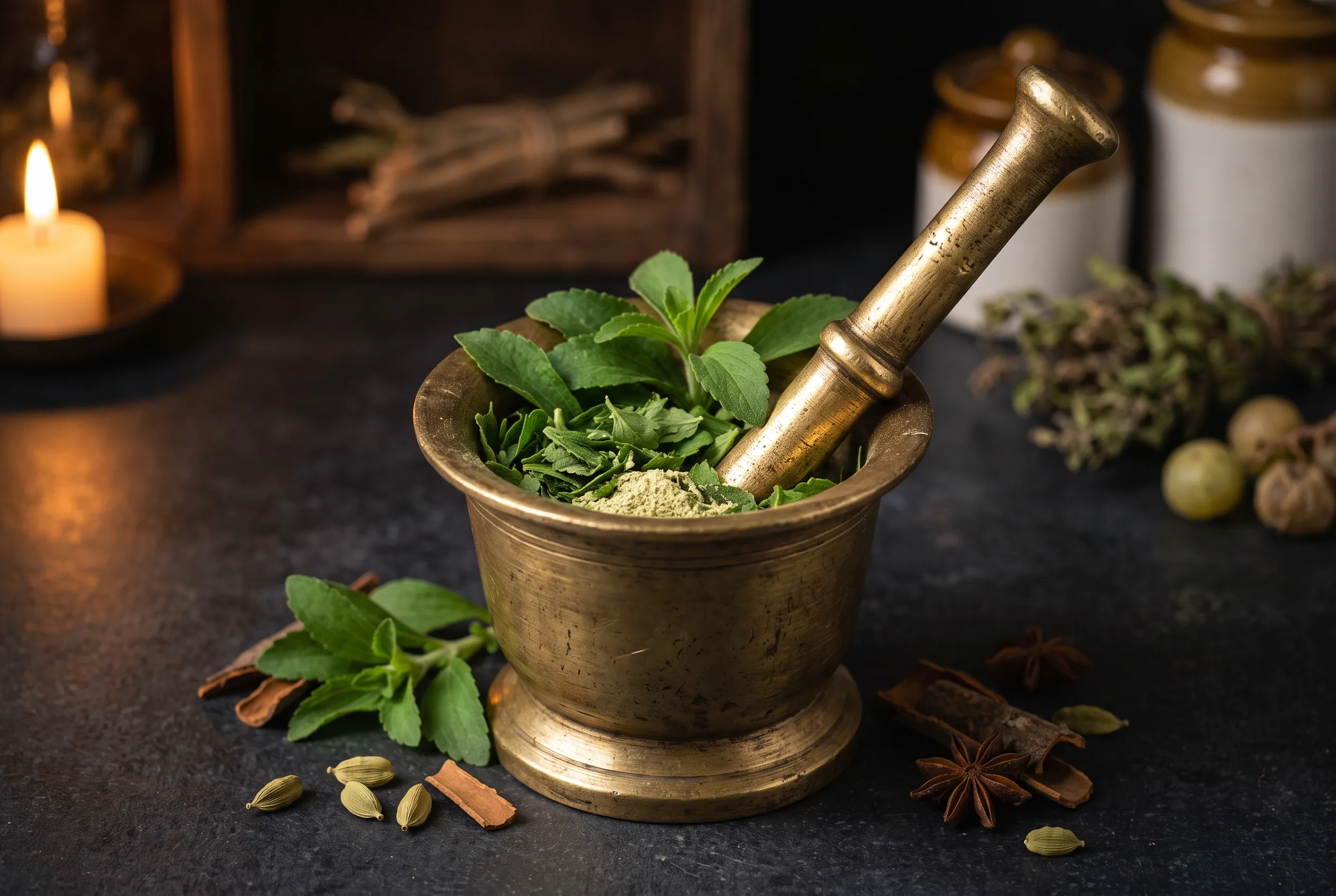 Brass mortar and pestle with fresh stevia leaves and traditional herbs