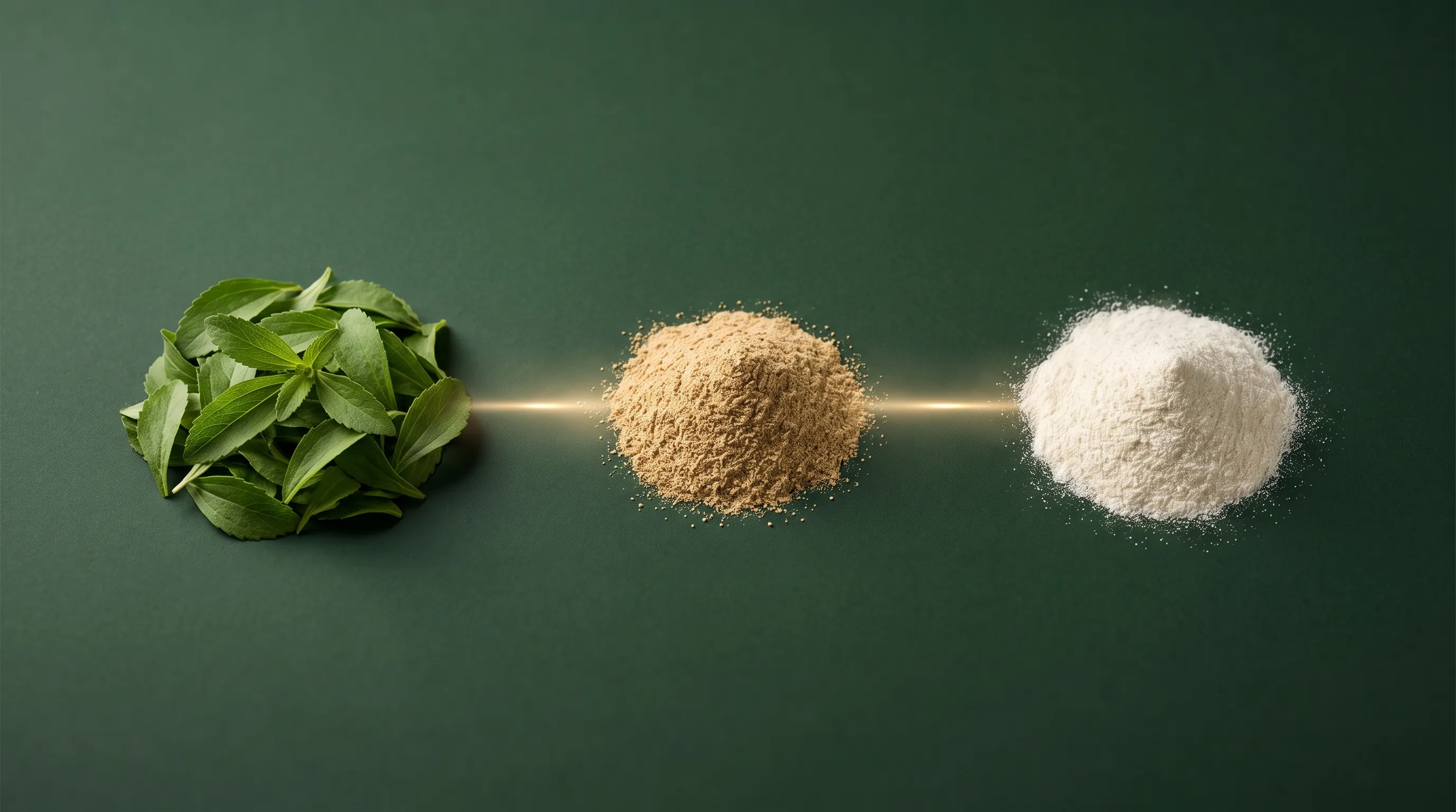 Fresh stevia leaves, light-brown extract, and refined white powder — field to formulation