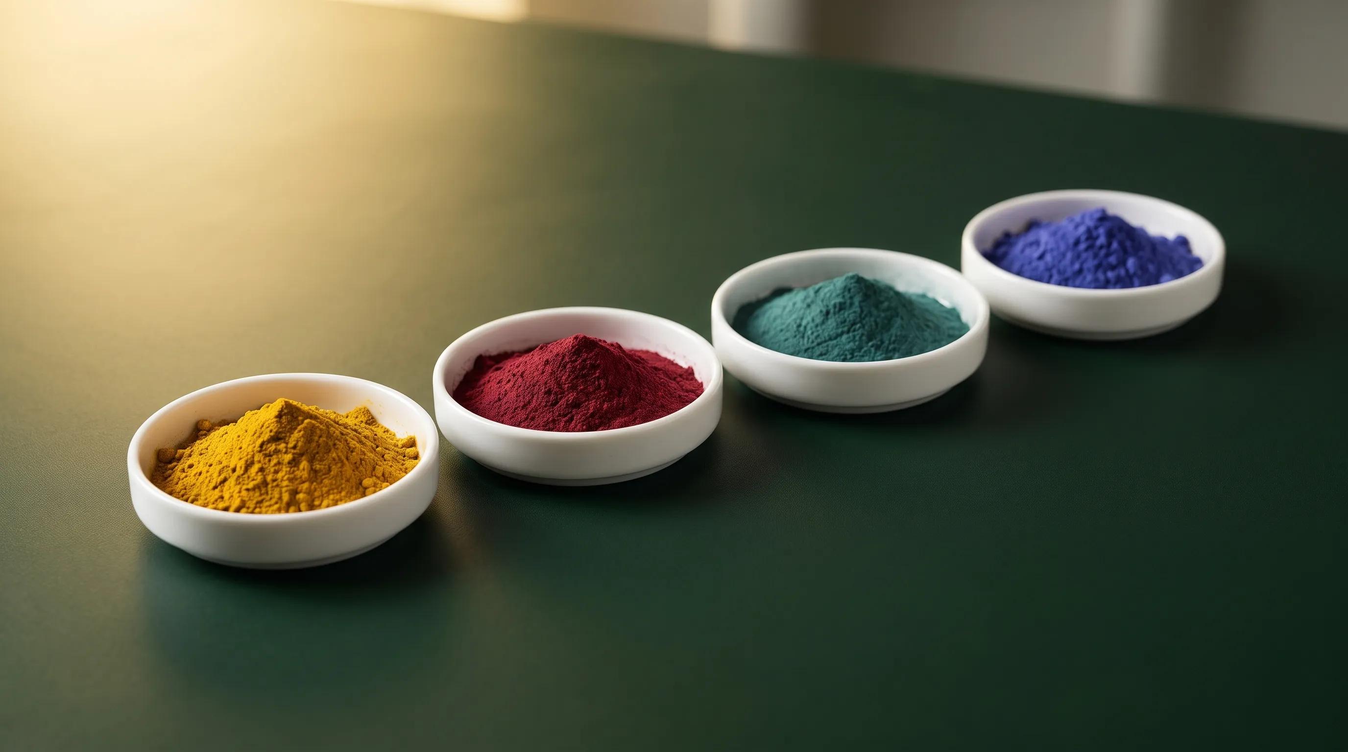 Natural plant-derived colour and flavour pigment powders in white dishes