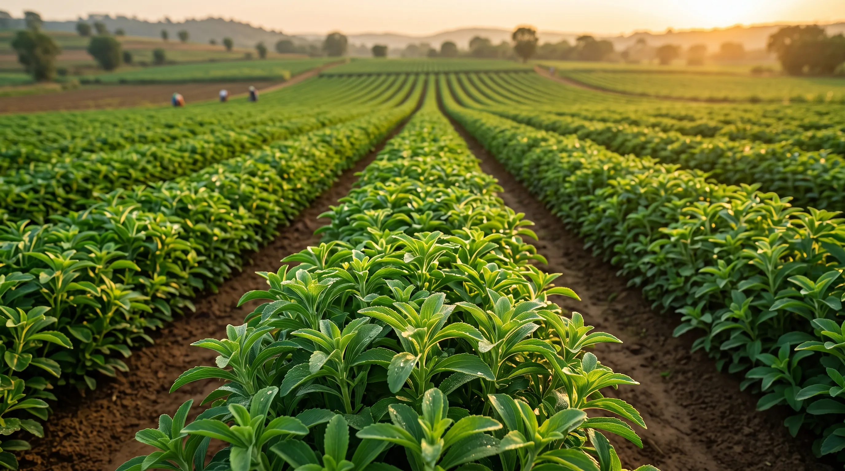 Rows of green stevia plants on a farm in India at golden hour