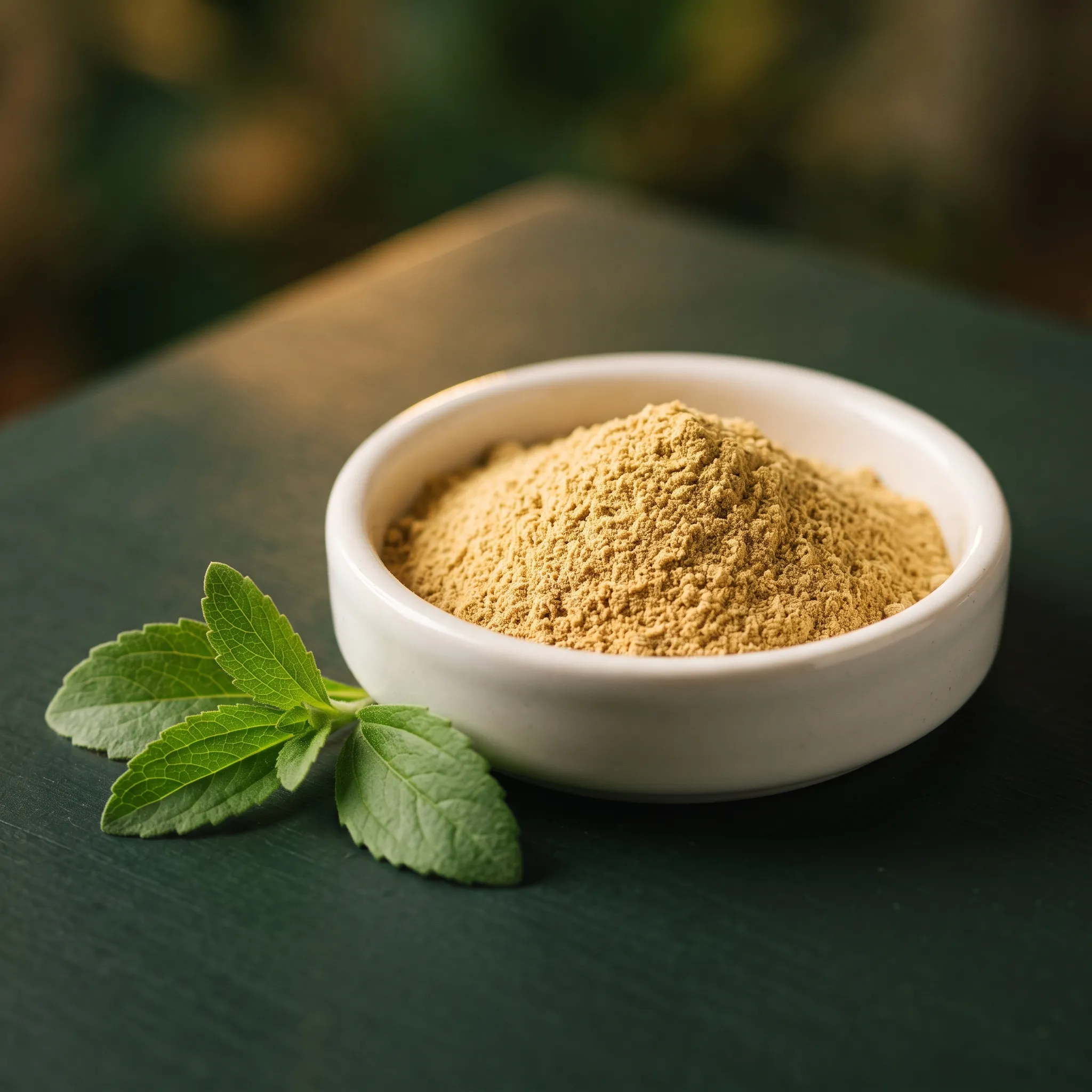 Light golden-brown 60–70% purified stevia leaf extract powder in a white dish